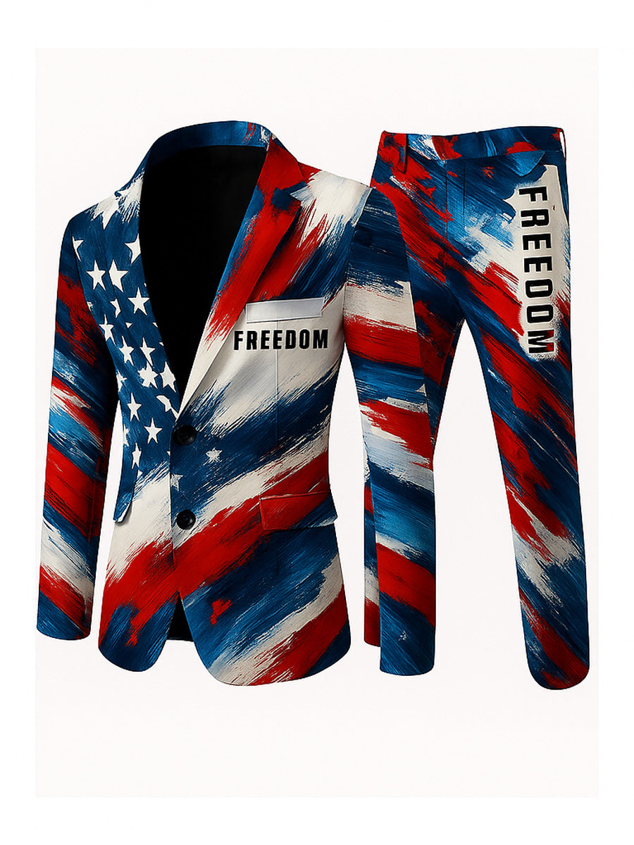 Men's Freedom American Flag Print Casual Jacket Trousers Two-Piece Suits